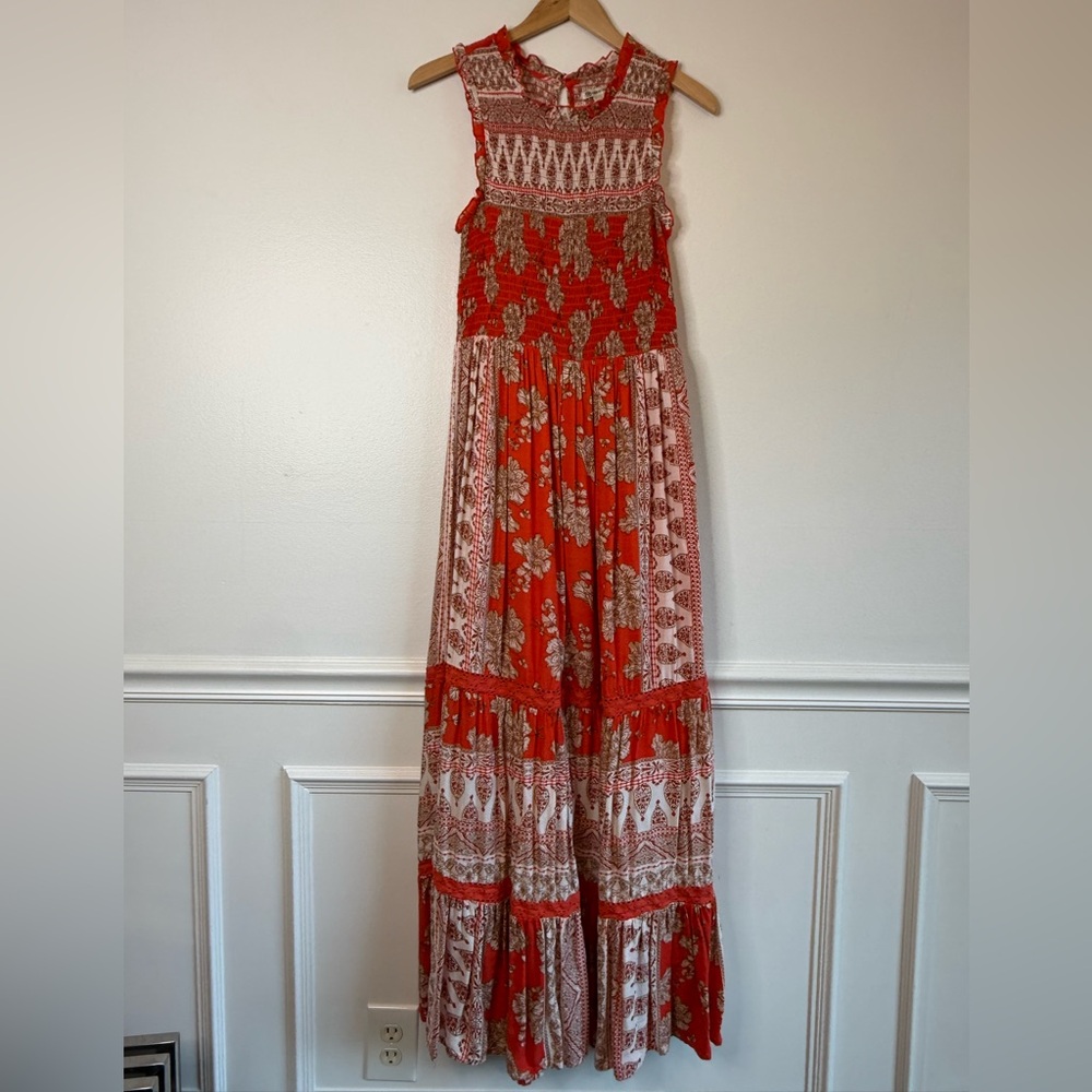 Versona Smocked Modal Floral Full Length Tiered Maxi Dress Orange Women’s Small - Picture 2 of 9